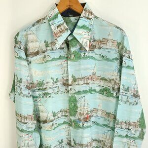 Vtg Majorca Hawaiian Shirt Men's Large Blue Green Ship Port Print Button Front